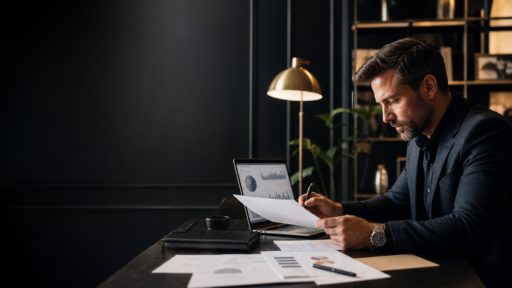 Business owner reviewing funding documents in a modern office